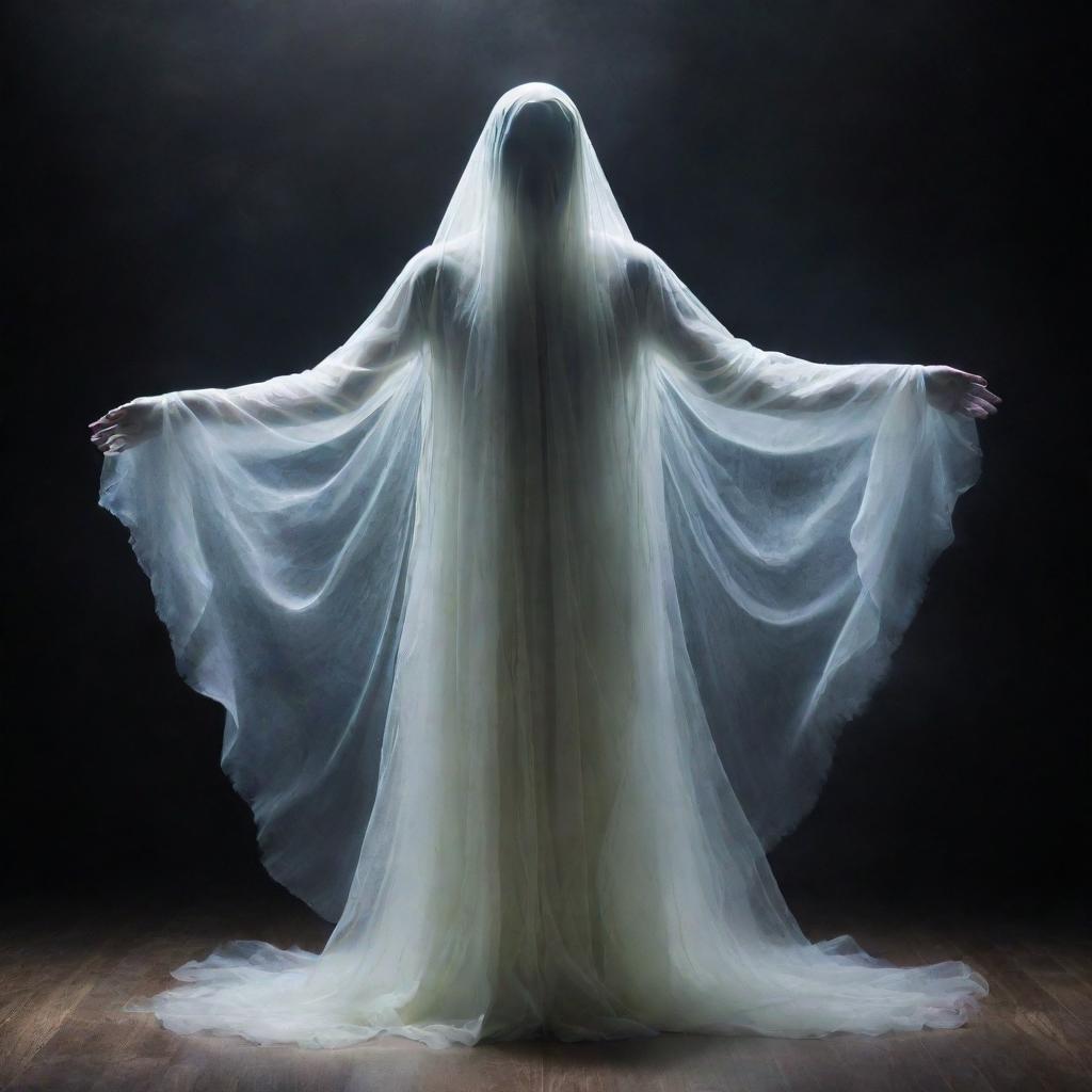 A supernatural ghost endowed with meta abilities, shimmering in ethereal colors, wispy and translucent, levitating amidst a chilling atmospheric environment.