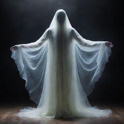 A supernatural ghost endowed with meta abilities, shimmering in ethereal colors, wispy and translucent, levitating amidst a chilling atmospheric environment.