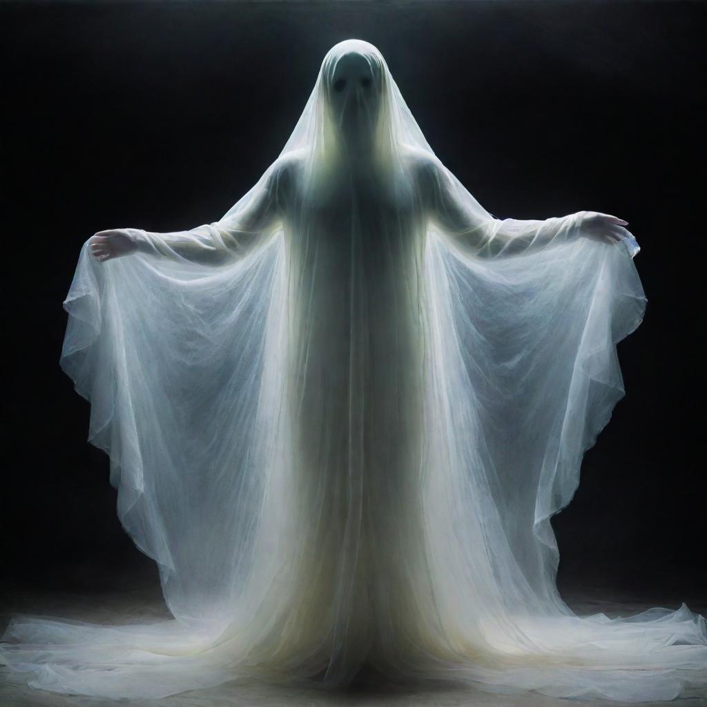 A supernatural ghost endowed with meta abilities, shimmering in ethereal colors, wispy and translucent, levitating amidst a chilling atmospheric environment.