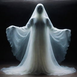 A supernatural ghost endowed with meta abilities, shimmering in ethereal colors, wispy and translucent, levitating amidst a chilling atmospheric environment.