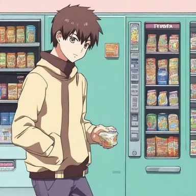 In the anime series, the protagonist finds a chump change in his pocket and uses it to buy a snack from a vending machine.