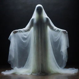 A supernatural ghost endowed with meta abilities, shimmering in ethereal colors, wispy and translucent, levitating amidst a chilling atmospheric environment.