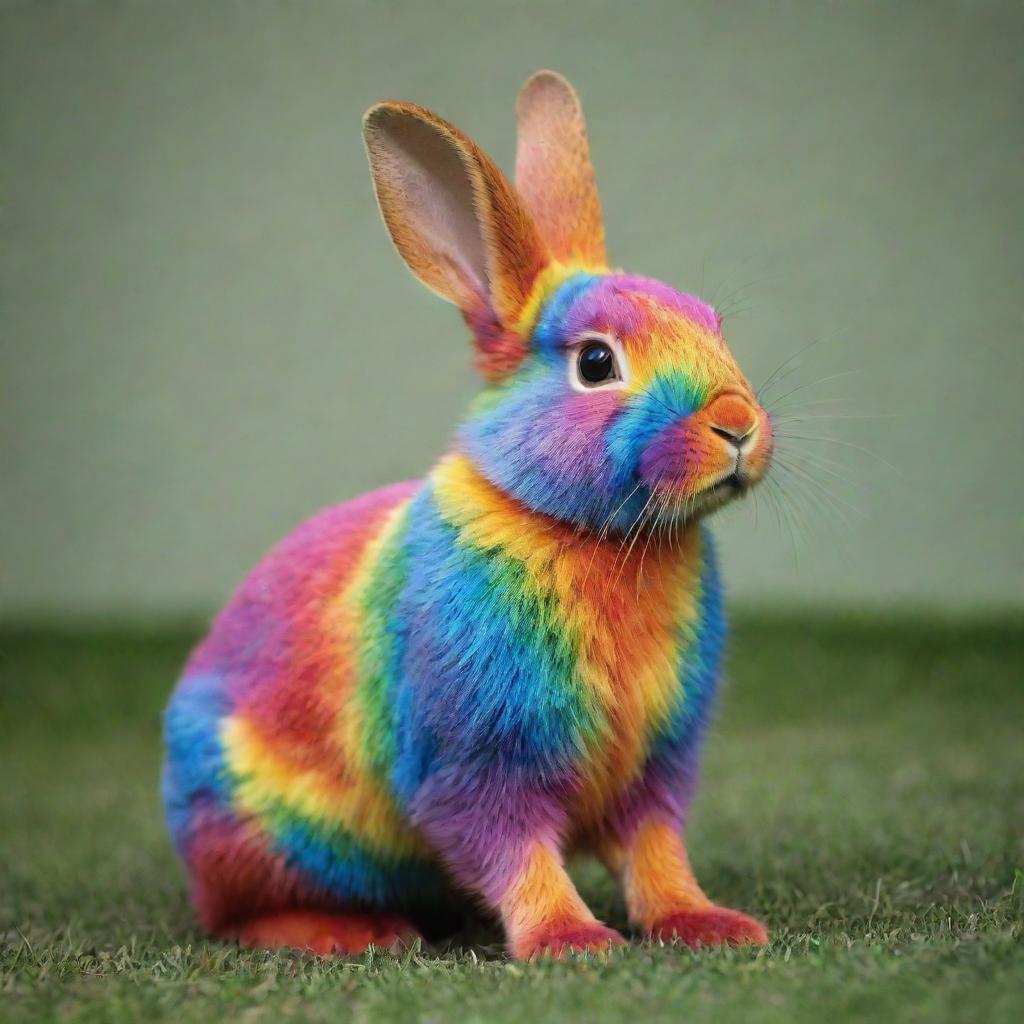 A vibrant rainbow-colored rabbit in a playful pose