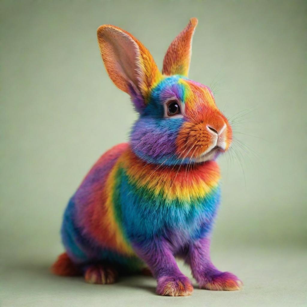 A vibrant rainbow-colored rabbit in a playful pose