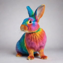 A vibrant rainbow-colored rabbit in a playful pose