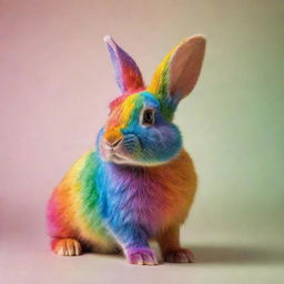 A vibrant rainbow-colored rabbit in a playful pose