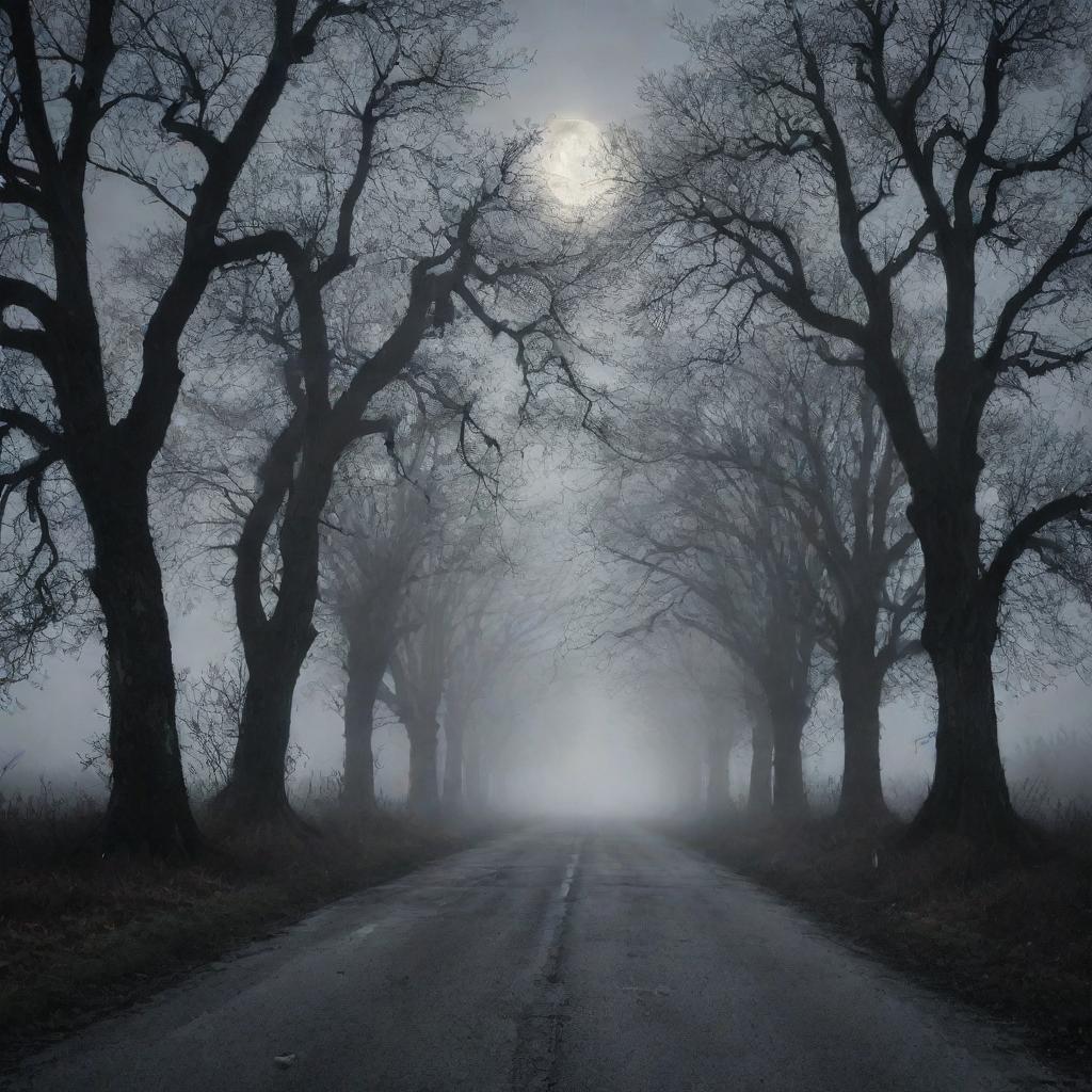 A desolate road at midnight under a moonlit sky, surrounded by gnarled trees, abandoned buildings, and enshrouded in a thick, eerie fog that bespeaks of haunting mysteries and chilling tales.