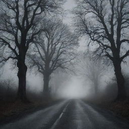 A desolate road at midnight under a moonlit sky, surrounded by gnarled trees, abandoned buildings, and enshrouded in a thick, eerie fog that bespeaks of haunting mysteries and chilling tales.