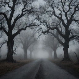 A desolate road at midnight under a moonlit sky, surrounded by gnarled trees, abandoned buildings, and enshrouded in a thick, eerie fog that bespeaks of haunting mysteries and chilling tales.