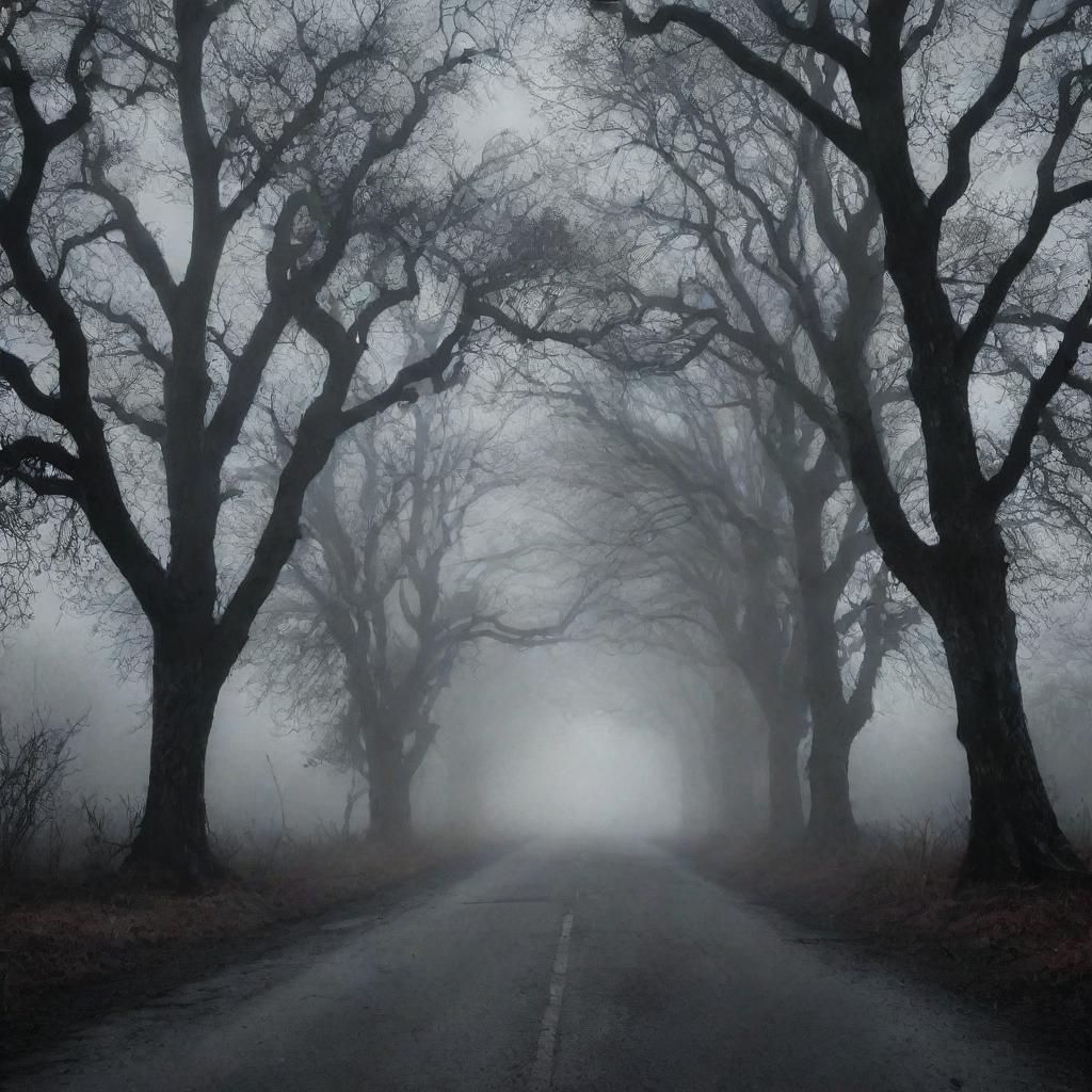 A desolate road at midnight under a moonlit sky, surrounded by gnarled trees, abandoned buildings, and enshrouded in a thick, eerie fog that bespeaks of haunting mysteries and chilling tales.