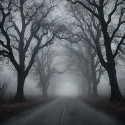 A desolate road at midnight under a moonlit sky, surrounded by gnarled trees, abandoned buildings, and enshrouded in a thick, eerie fog that bespeaks of haunting mysteries and chilling tales.