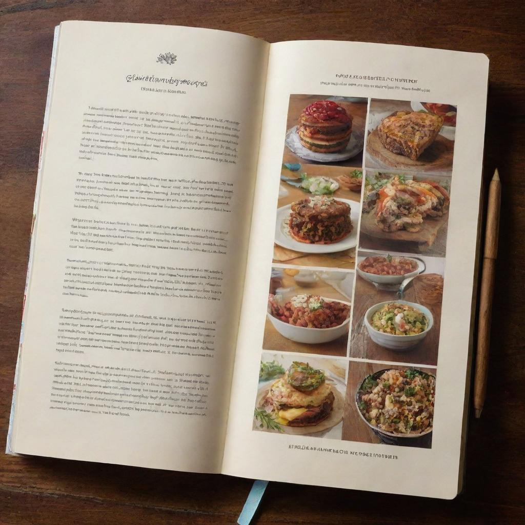 Back cover of 'Gathering Recipes' cookbook, highlighting a few selected recipes with mouth-watering images, short descriptions, and a warm, communal dining table scene.