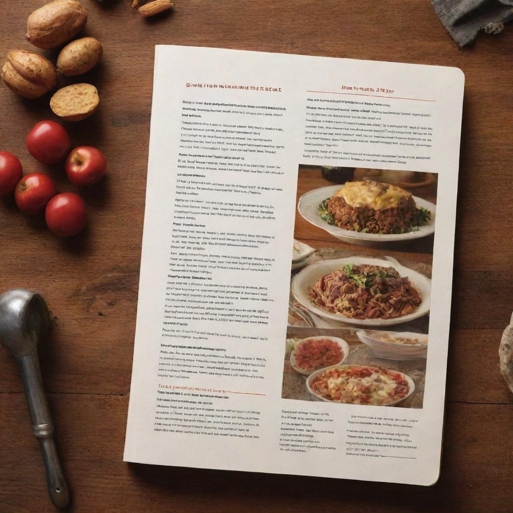 Back cover of 'Gathering Recipes' cookbook, highlighting a few selected recipes with mouth-watering images, short descriptions, and a warm, communal dining table scene.