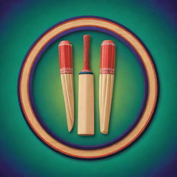 A vibrant cricket team logo featuring two crossed cricket bats, a ball, and a wicket, all set against a stylish, multicolored backdrop.