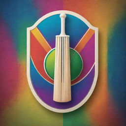 A vibrant cricket team logo featuring two crossed cricket bats, a ball, and a wicket, all set against a stylish, multicolored backdrop.