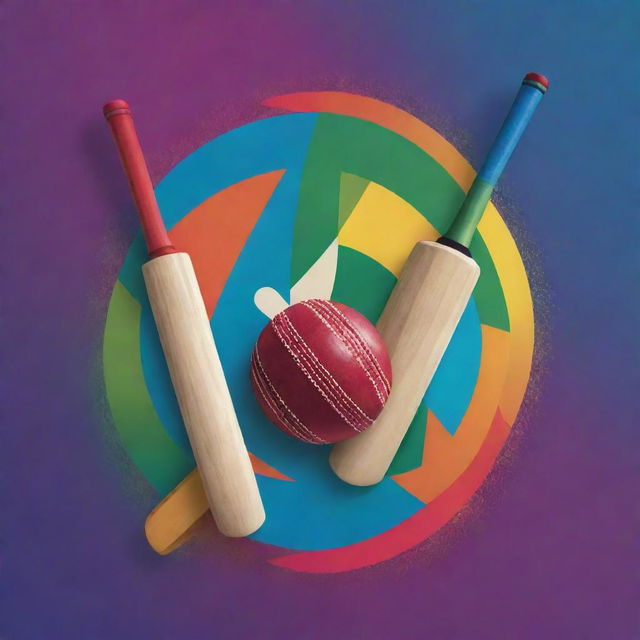 A vibrant cricket team logo featuring two crossed cricket bats, a ball, and a wicket, all set against a stylish, multicolored backdrop.