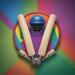 A vibrant cricket team logo featuring two crossed cricket bats, a ball, and a wicket, all set against a stylish, multicolored backdrop.