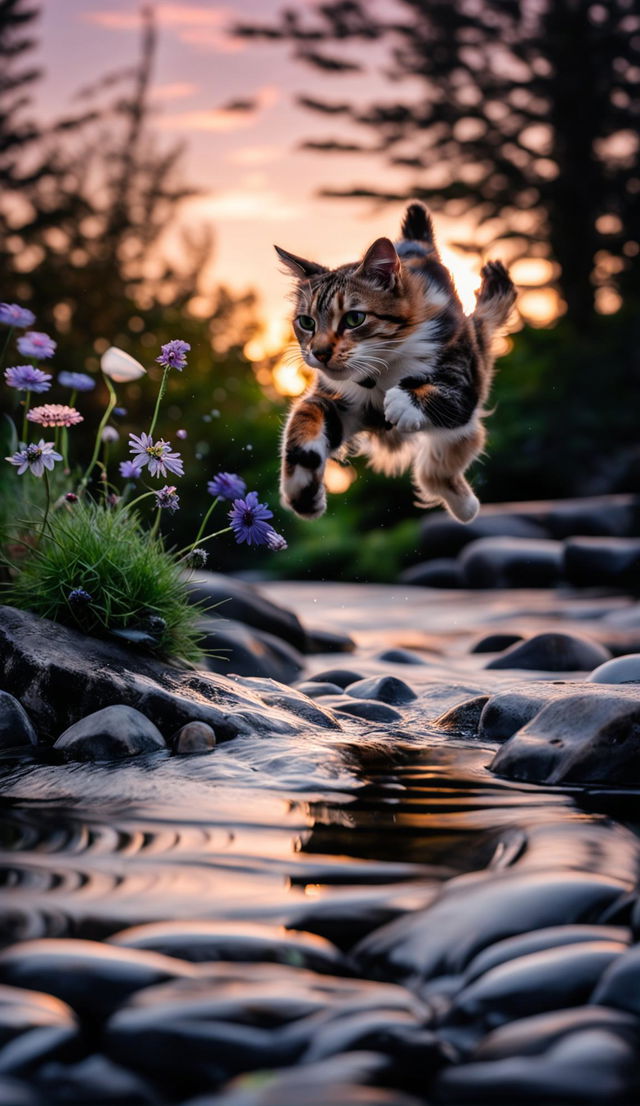 An unedited photograph of a cat leaping in a natural setting at dawn.