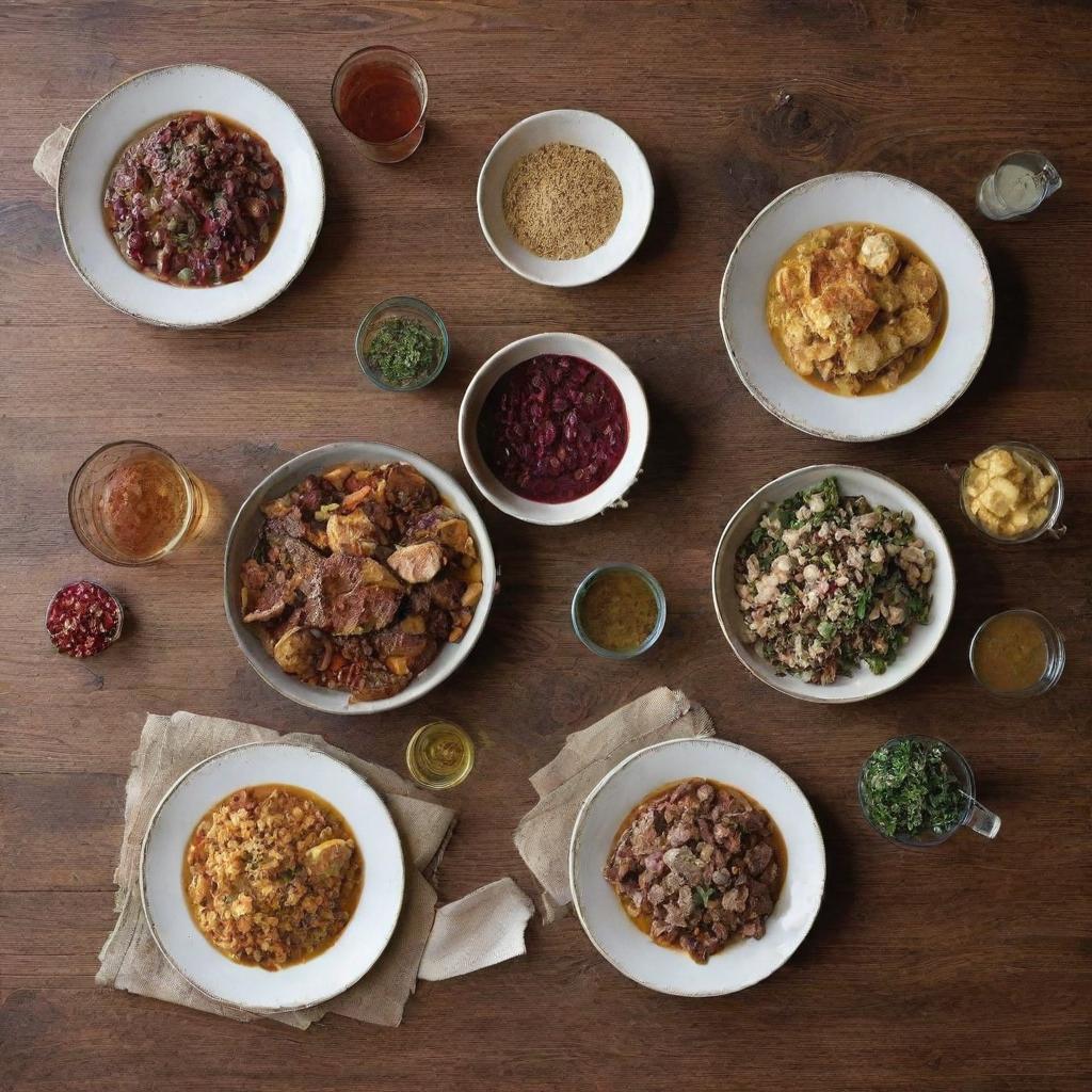 A cookbook cover for 'Gathering Recipes', featuring a rustic, communal dining table with a variety of homemade dishes indicating warmth, community and good food.