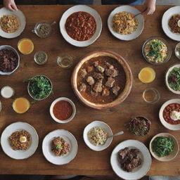 A cookbook cover for 'Gathering Recipes', featuring a rustic, communal dining table with a variety of homemade dishes indicating warmth, community and good food.