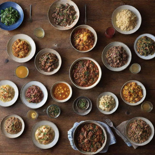 A cookbook cover for 'Gathering Recipes', featuring a rustic, communal dining table with a variety of homemade dishes indicating warmth, community and good food.