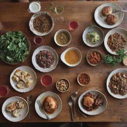 A cookbook cover for 'Gathering Recipes', featuring a rustic, communal dining table with a variety of homemade dishes indicating warmth, community and good food.