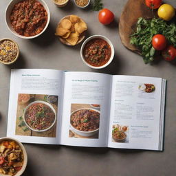 Fully open 'Gathering Recipes' cookbook, displaying a two-page vibrant spread of various delicious, homemade recipes ready to serve at a communal dining table.