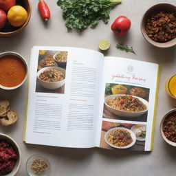 Fully open 'Gathering Recipes' cookbook, displaying a two-page vibrant spread of various delicious, homemade recipes ready to serve at a communal dining table.