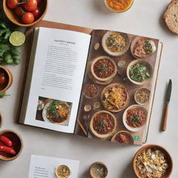 Fully open 'Gathering Recipes' cookbook, displaying a two-page vibrant spread of various delicious, homemade recipes ready to serve at a communal dining table.