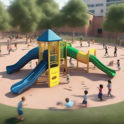 This is a high-quality, realistic digital rendering of an outdoor playground bustling with life