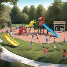 This is a high-quality, realistic digital rendering of an outdoor playground bustling with life