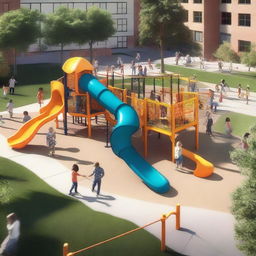 This is a high-quality, realistic digital rendering of an outdoor playground bustling with life