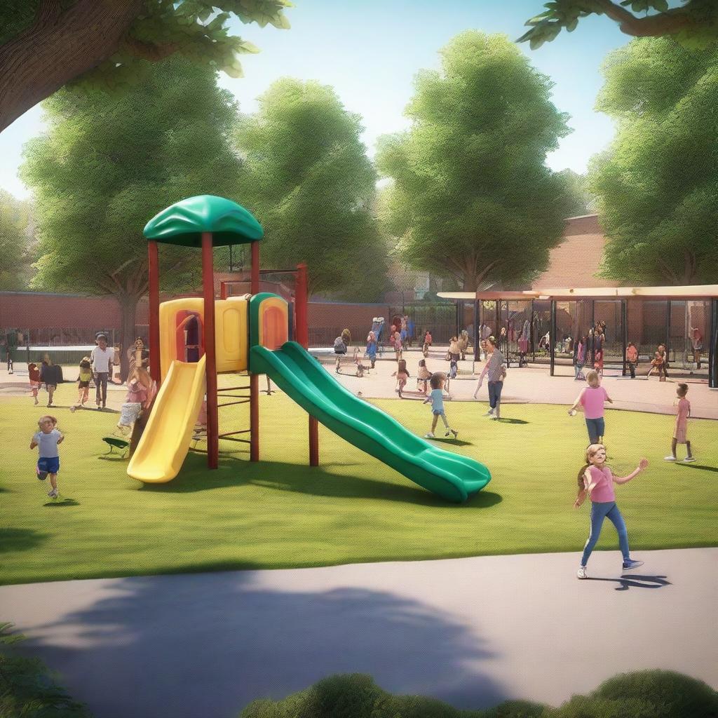 This is a high-quality, realistic digital rendering of an outdoor playground bustling with life