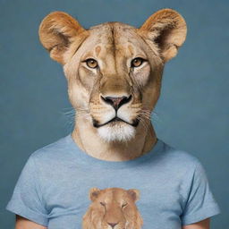 A portrait of an anthropomorphic lioness wearing a casual t-shirt