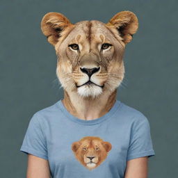 A portrait of an anthropomorphic lioness wearing a casual t-shirt