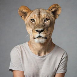 A portrait of an anthropomorphic lioness wearing a casual t-shirt