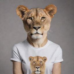 A portrait of an anthropomorphic lioness wearing a casual t-shirt