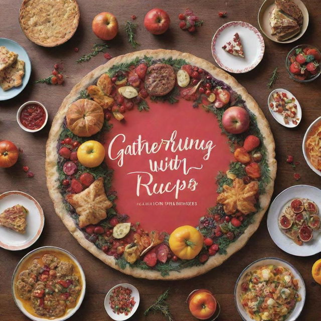 Recipe book cover called 'Gathering with Fun Recipes', showcasing a festive table full of colorful, fun dishes with happy decorations, emphasizing the joy of gathering around food.