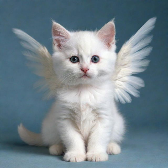 A delightful kitten embodying the serene characteristics of an angel, complete with ephemeral wings.