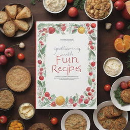 An image of a book cover for 'Gathering with Fun Recipes', featuring a festive, food-filled table and joyous decorations but without any written text or titles.