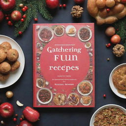 An image of a book cover for 'Gathering with Fun Recipes', featuring a festive, food-filled table and joyous decorations but without any written text or titles.