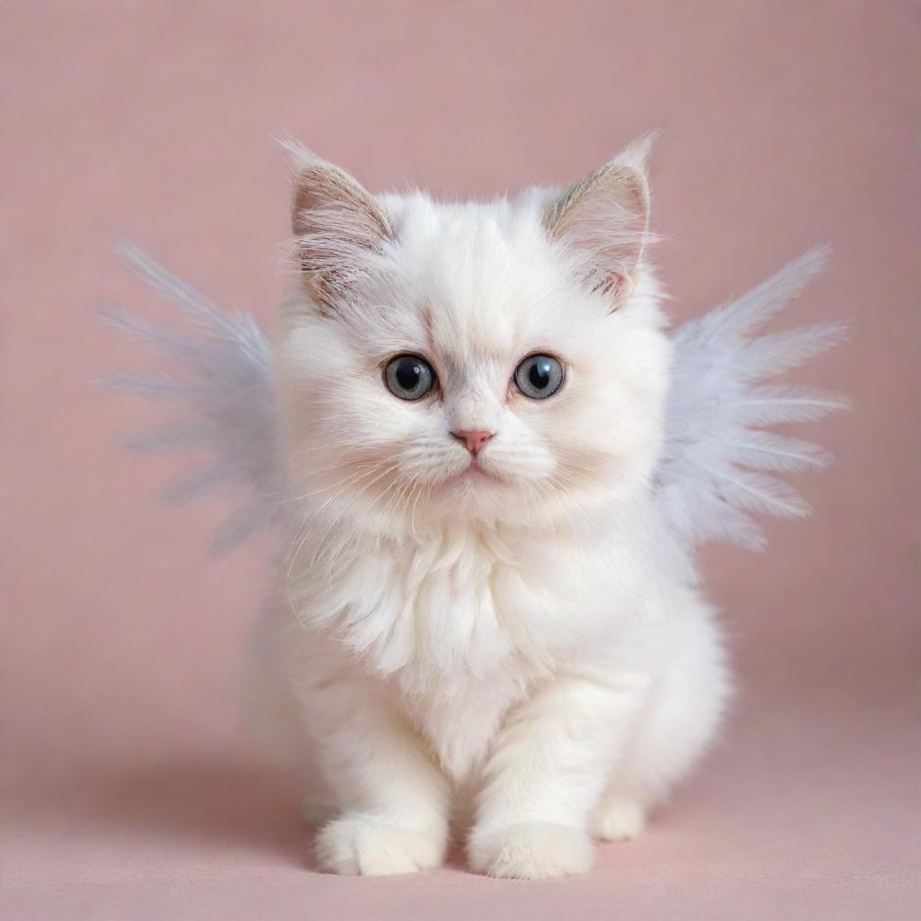 A cute, small cat with soft furry coat and sparkling eyes, adorned with delicate angel wings and a tiny gleaming halo.