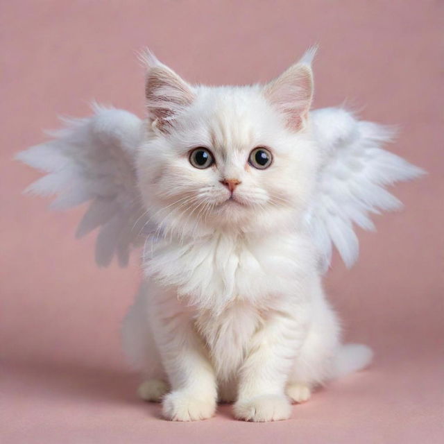 A cute, small cat with soft furry coat and sparkling eyes, adorned with delicate angel wings and a tiny gleaming halo.