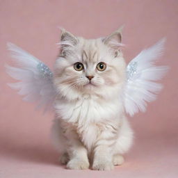 A cute, small cat with soft furry coat and sparkling eyes, adorned with delicate angel wings and a tiny gleaming halo.