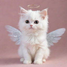 A cute, small cat with soft furry coat and sparkling eyes, adorned with delicate angel wings and a tiny gleaming halo.