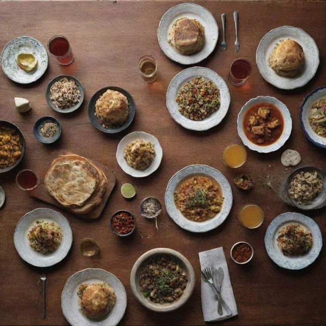 A silent book cover image for 'Gathering Recipes', displaying a warm communal dining table laden with varied tasty homemade dishes, absent of any written elements.