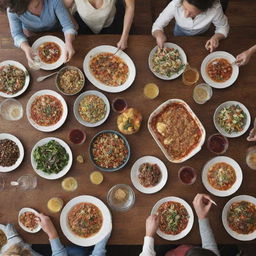 A wordless cookbook cover image for 'Gathering with Friends', featuring cheerful friends enjoying a meal together at a robust table filled with fresh, ripe dishes.