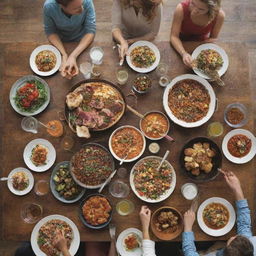 A wordless cookbook cover image for 'Gathering with Friends', featuring cheerful friends enjoying a meal together at a robust table filled with fresh, ripe dishes.