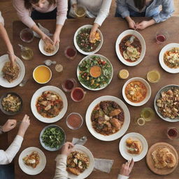 A wordless cookbook cover image for 'Gathering with Friends', featuring cheerful friends enjoying a meal together at a robust table filled with fresh, ripe dishes.