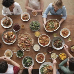 A wordless cookbook cover image for 'Gathering with Friends', featuring cheerful friends enjoying a meal together at a robust table filled with fresh, ripe dishes.